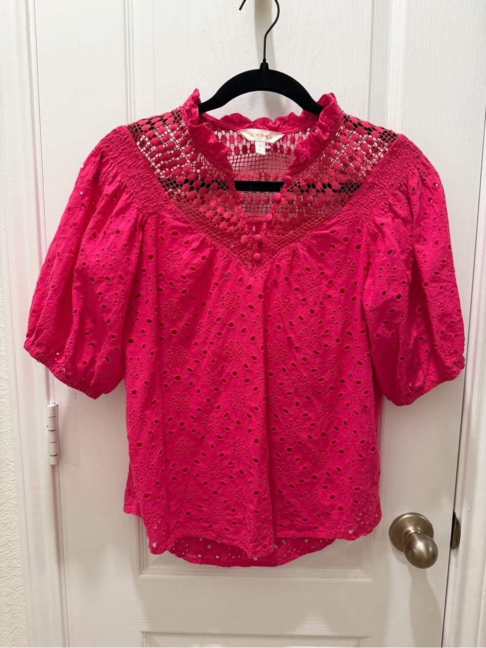 Anthropologie Adiva Hot Pink Eyelet Lace Puff Sleeve Blouse